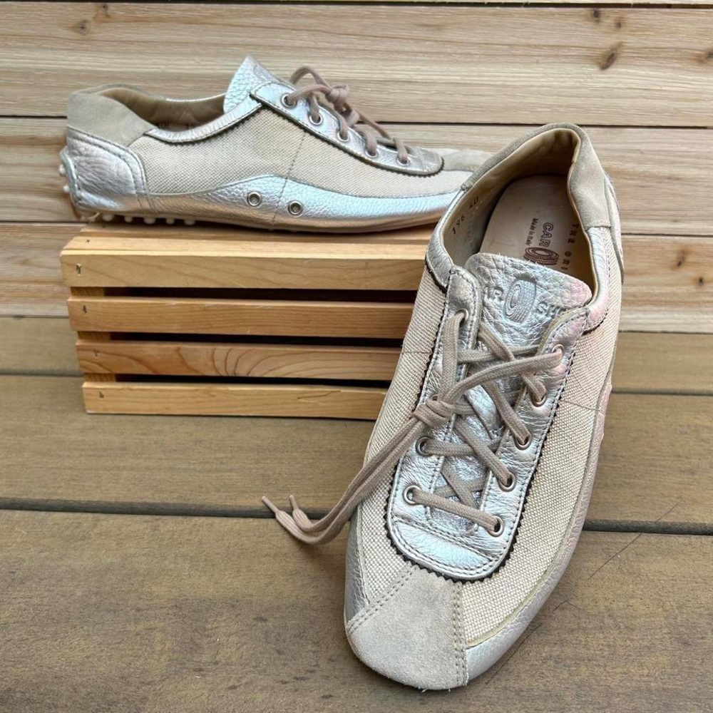 The Original Car Shoe Cream Fabric Material w/ Silver Leather Accents Sneakers